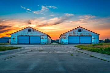 Obraz premium Two rustic barns stand silently under a breathtaking twilight sky in the quiet countryside