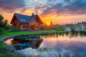 Fototapeta premium Serene sunset over a tranquil lodge by the lake reflecting nature's beauty