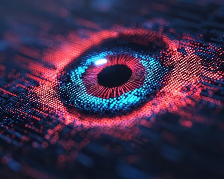 Holographic iris scan unlocking secure biodata stored in a vibrant digital cloud system, cyber security concept