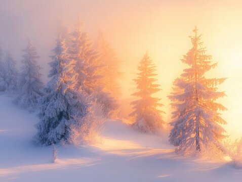 mystical winter forest at twilight, snow-laden evergreens, golden hour light filtering through branches, ethereal fog, cinematic composition - Powered by Adobe