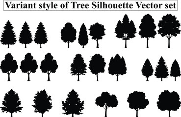 A variant style of tree silhouette vector set. Forest tree icon flat black color illustration. Isolated on a white background.