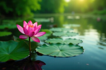Water lily blooms on the surface of Volga River Delta, greenery, water