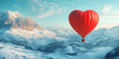 Fototapeta premium A whimsical red heart balloon floating above snow-covered peaks, symbolizing love and adventure. Great for Valentine's Day cards, travel, and romance themes.