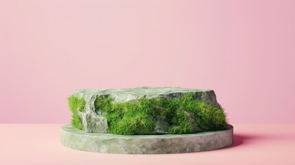 Green moss stone podium display for natural cosmetics on pastel background