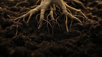Fototapeta premium A close-up view of a fibrous root system emerging from rich soil
