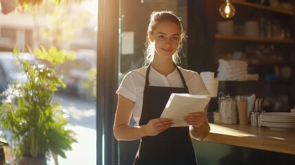 Waitress taking order diverse restaurant background bright day clean design