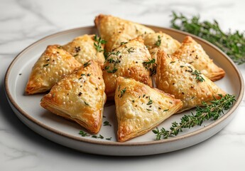 Delicious Baked Pastries with Fresh Herbs on White Plate