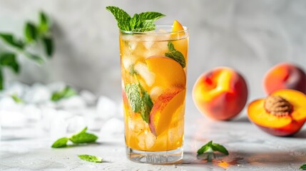 Fototapeta premium Healthy homemade peach iced mint tea in a tall glass with fresh fruit and shadows.