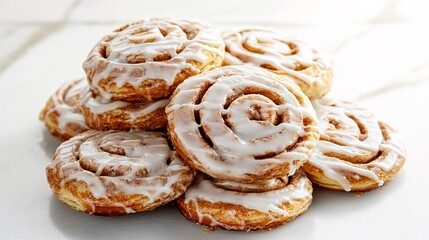 Fototapeta premium Freshly Baked Cinnamon Rolls with Sweet Icing Sugar Drizzle