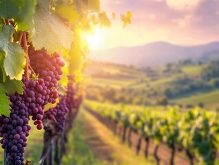 Naklejka premium sun-drenched vineyard at golden hour, rolling hills lined with pristine grape vines stretching to horizon, morning dew glistening on ripe purple clusters, misty mountains in distance