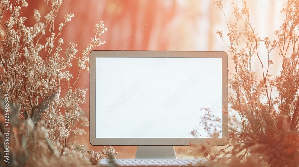 Poster computer screen showing white display surrounded by dried flowers in warm light