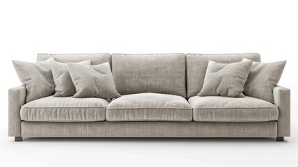Large fabric sofa for 4 people on white background with even lighting.