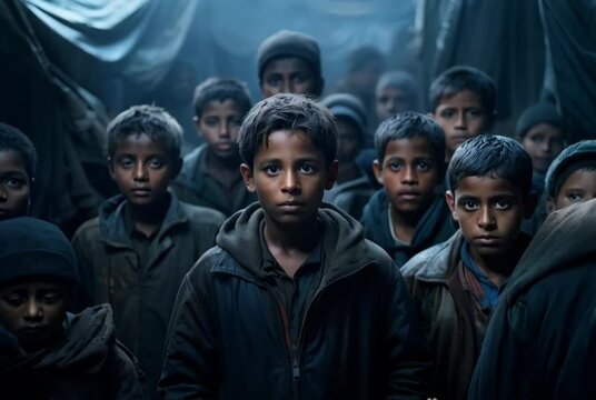 A group of refugee boys in a camp with subtle eye movements and shifting expressions, adding realism. Generative AI