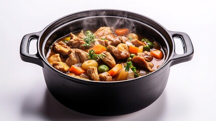 Delicious Chicken Stew in Black Pot with Fresh Vegetables and Herbs