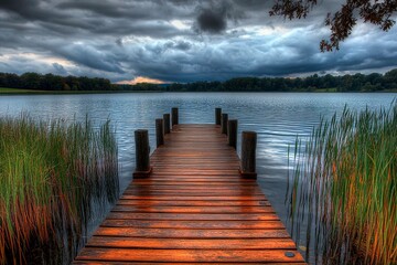 Naklejka premium Serenity at twilight by the calm waters under dramatic stormy skies