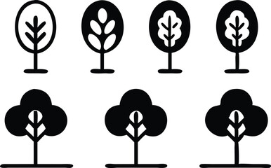 Flat tree icon silhouettes vector set, isolated on a white background.