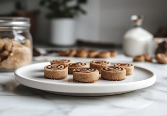 Delicious Cinnamon Roll Cookies on White Plate with Milk Background