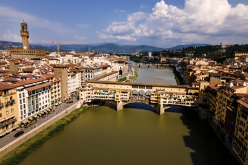 Drone view of the city of Florence in Tuscany and the Ponte Vecchio in Italy.