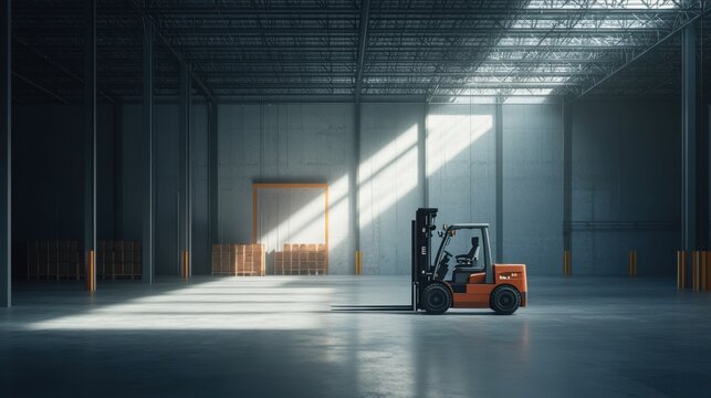 single forklift parked in an empty warehouse bright natural light minimalistic composition high-resolution perfect for industrial and logistics-related content.