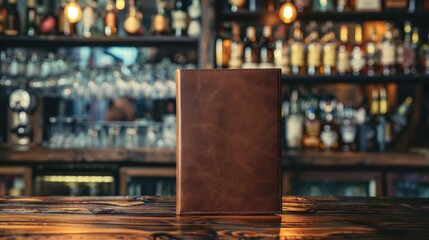 Menu design on blurred bar background with leather binding