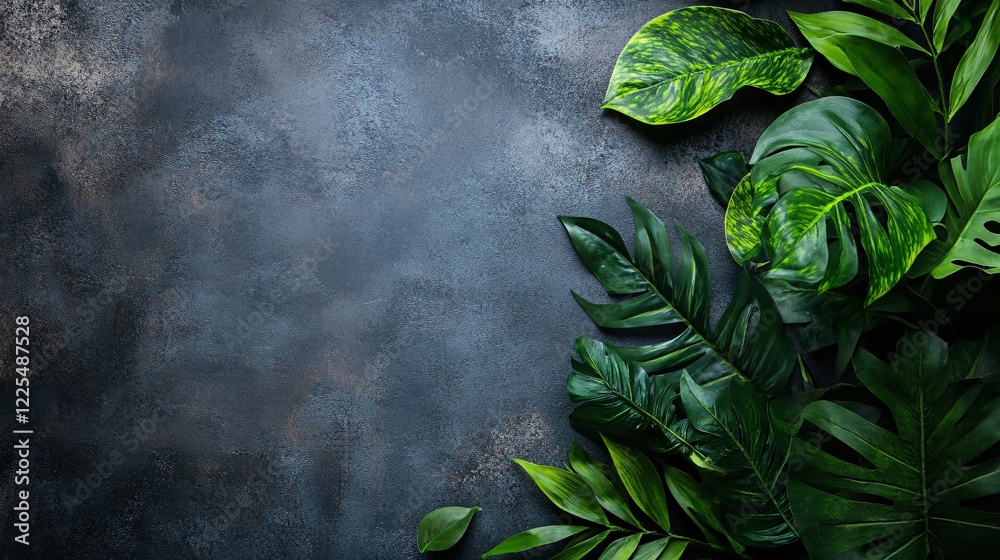 Poster Tropical green leaves arranged on dark background creating empty space