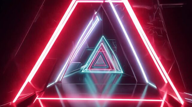 Glowing neon triangular and abstract shapes with reflections on a dark background. Horizontal video for futuristic and modern design concepts