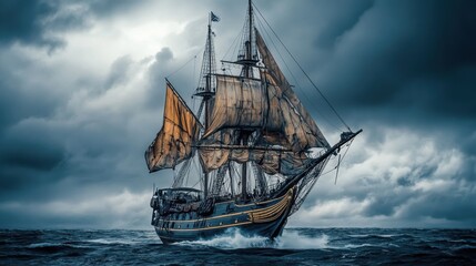 Fototapeta premium White boat sailing gracefully on the sea. A serene scene capturing the tranquility of ocean travel. 