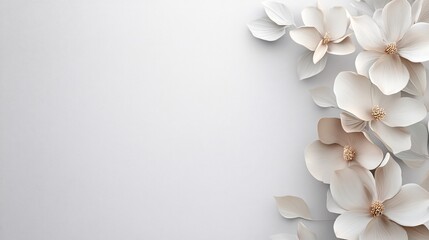 Elegant white flowers arranged on empty white background creating copy space