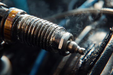 Close-up of a diesel fuel injector with steam rising, showcasing intricate details and mechanical components