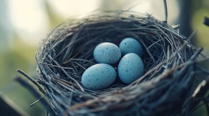 Obraz premium Blue speckled bird eggs nestled in a twig nest