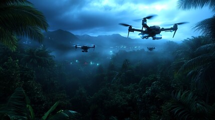 Fototapeta premium Night Flight Over Tropical Jungle: Drones on a Secret Mission