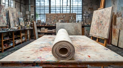 Art Studio with Canvas Roll and Paint-splattered Tables