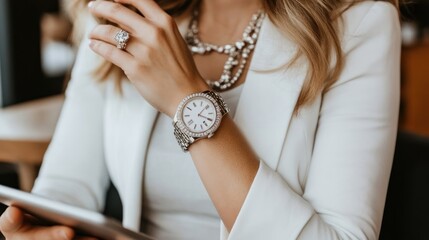 Woman wearing diamond watch and ring in white blazer