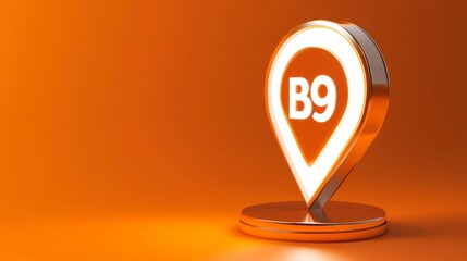 3D icon of a location pin with the text B9 on it, against an orange background with a white glow around the logo, in a vector style. The design features orange and silver colors