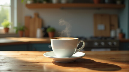 Steaming Cup of Coffee on Rustic Wooden Table in Cozy Kitchen