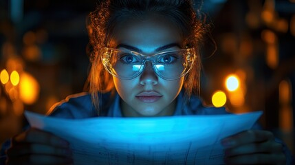 Focused Scientist Studying Blueprints in a dimly lit Laboratory
