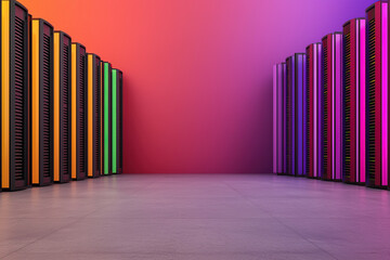 futuristic room filled with glowing server racks in vibrant colors, creating high tech atmosphere. symmetrical arrangement and colorful lighting enhance modern design