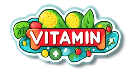 vector sticker of VITAMIN C with health cross and leaf on white background, simple vector graphic style, green red color