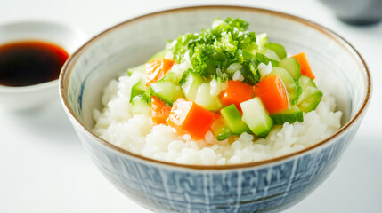 A bowl of delicious boiled rice topped with an assortment of fresh vegetable.
