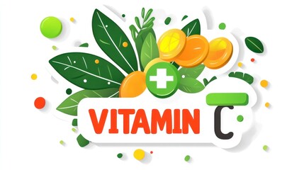 vector sticker of VITAMIN C with health cross and leaf on white background, simple vector graphic style, green red color