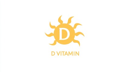 Fototapeta premium Vector logo of a sun with D VITAMIN written on it, using a yellow and white color scheme, simple shapes, and a white background with no shadows.