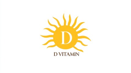 Fototapeta premium Vector logo of a sun with D VITAMIN written on it, using a yellow and white color scheme, simple shapes, and a white background with no shadows.