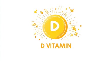 Fototapeta premium Vector logo of a sun with D VITAMIN written on it, using a yellow and white color scheme, simple shapes, and a white background with no shadows.