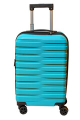 Light blue plastic suitcase with retractible handle standing upright on white background