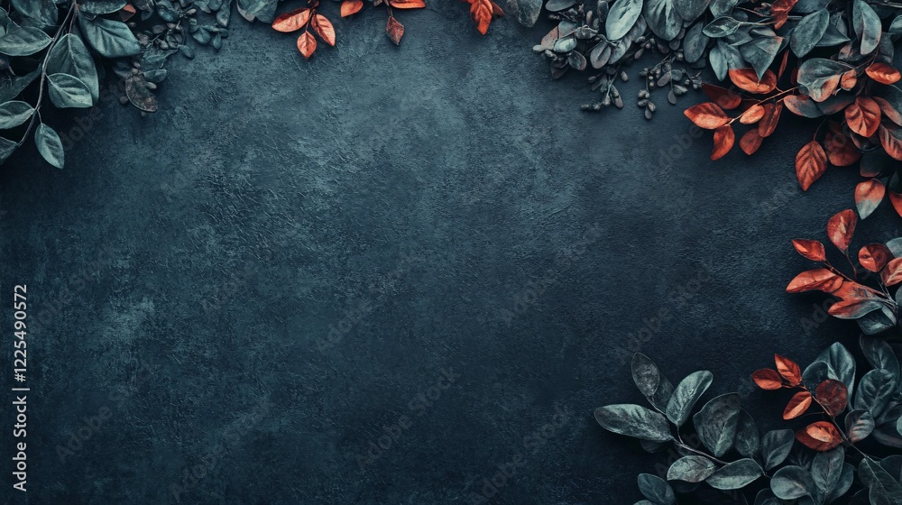 Poster elegant dark background with teal and copper leaves creating a border