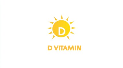 Fototapeta premium Vector logo of a sun with D VITAMIN written on it, using a yellow and white color scheme, simple shapes, and a white background with no shadows.