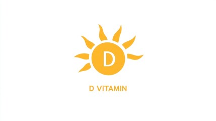 Fototapeta premium Vector logo of a sun with D VITAMIN written on it, using a yellow and white color scheme, simple shapes, and a white background with no shadows.
