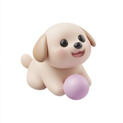 A cute, cartoon-style puppy with a joyful expression, holding a purple ball, designed to evoke playfulness and charm.