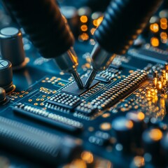 Macro shot of soldering a circuit board, capturing technological precision and modern electronics craftsmanship.