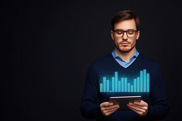 man in glasses uses tablet with glowing digital dashboard displaying data analytics, set against dark background